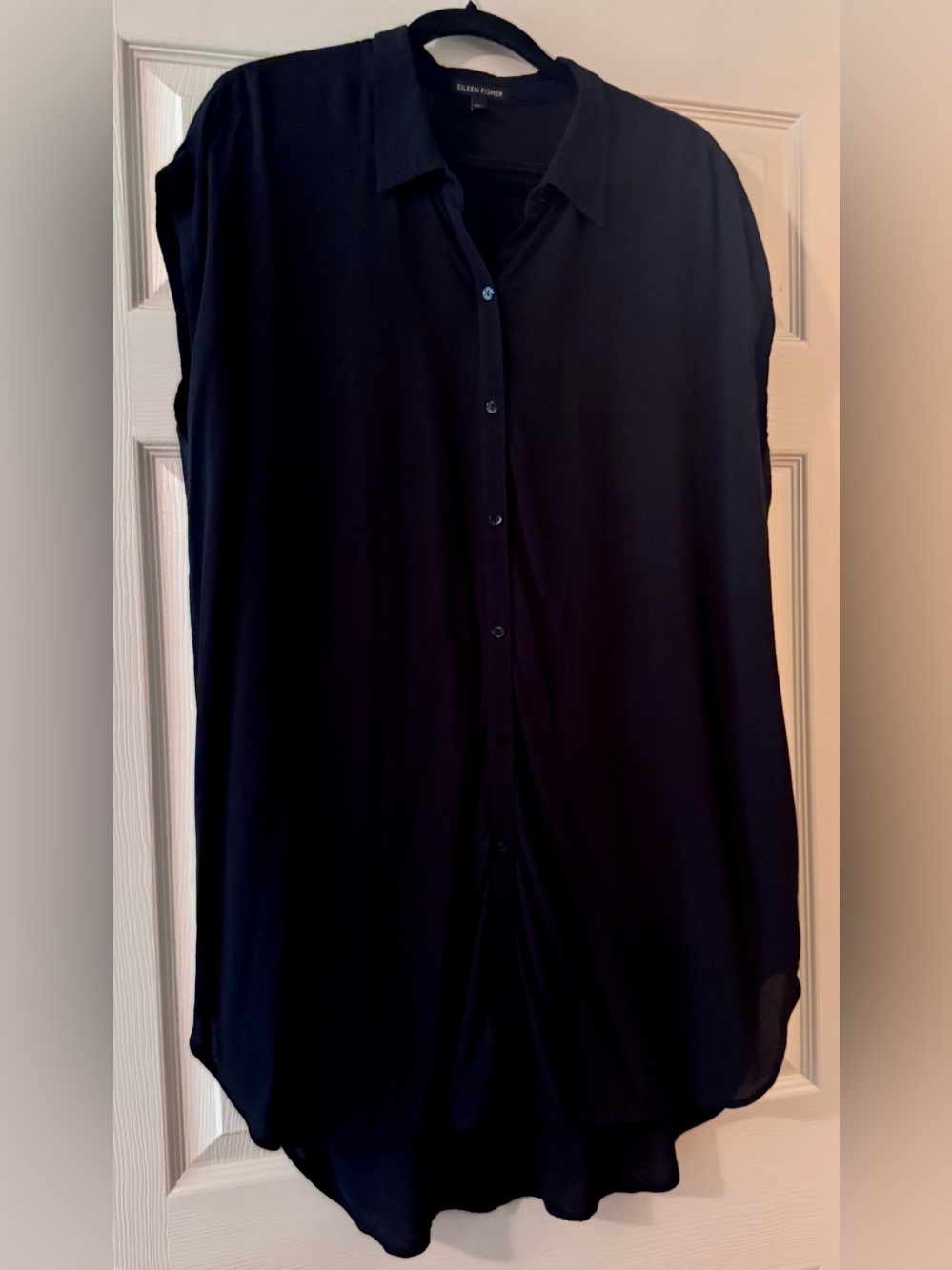 Eileen Fisher Silk Black Cap Sleeve Button-Front Tunic